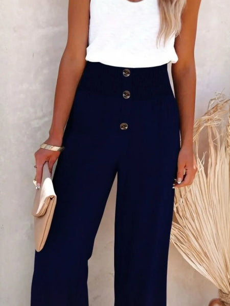Babe Beachwear high waisted beach pants set in navy with button detail and wide leg design
