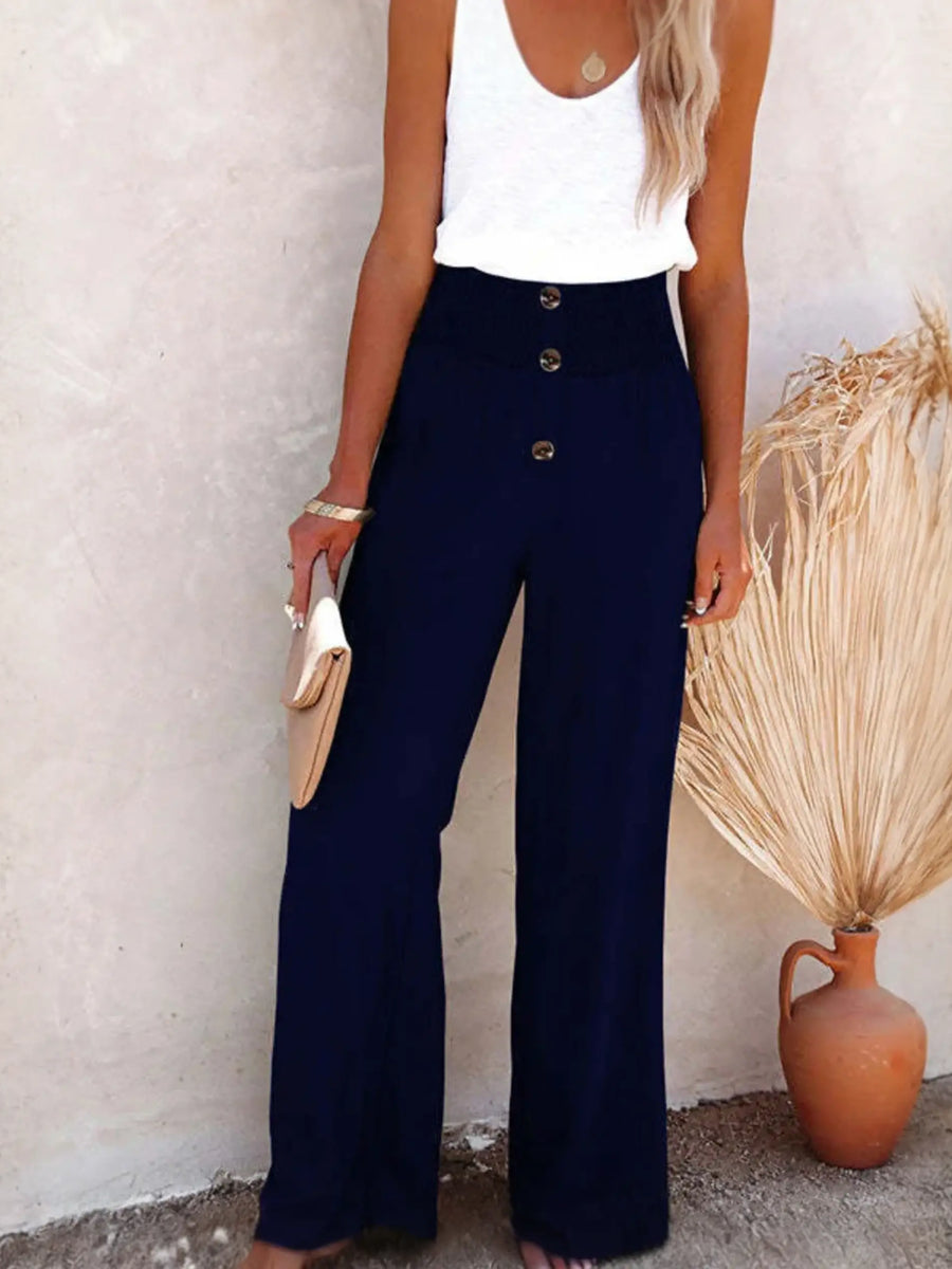 Babe Beachwaer high waisted beach pants set in navy with button detail and wide legs