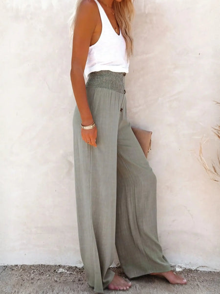 Babe Beachwear high waisted beach pants set in light olive with wide legs and smocked waistband