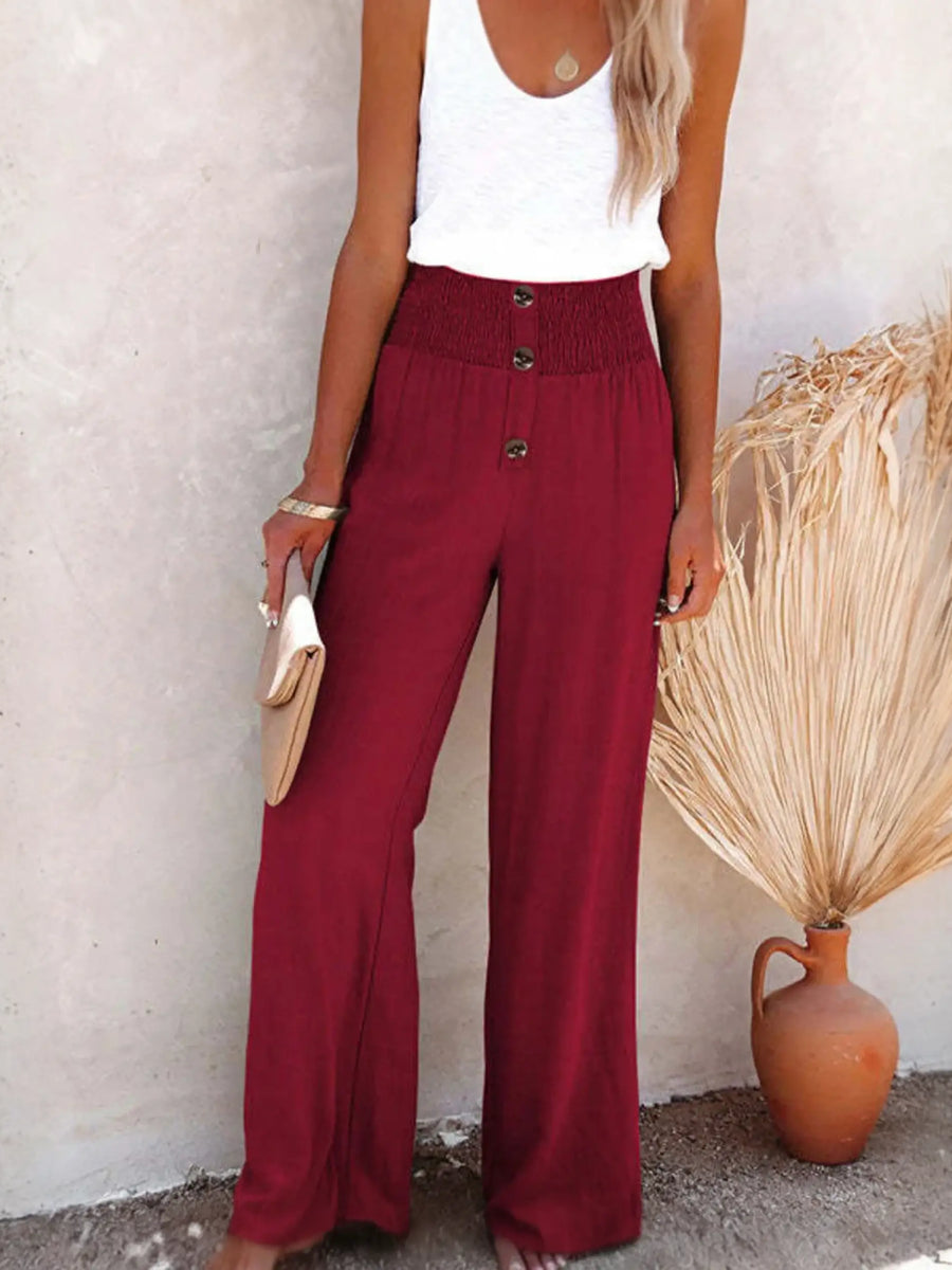 Babe Beachwaer high waisted beach pants set in burgundy with button details and wide legs