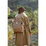 Woman wearing brown Himawari - Best Backpack by Babe Beachwaer outdoors with a brown hat and coat