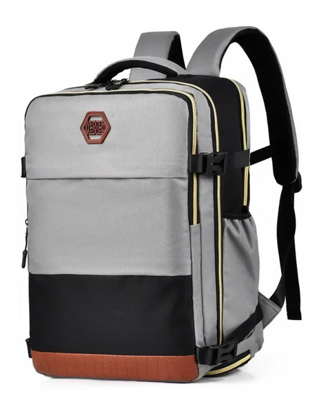 Himawari Carry On Travel Backpack by Babe Beachwaer in gray black with brown base and adjustable straps