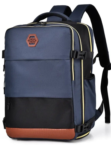 Babe Beachwaer Himawari Carry On Travel Backpack in navy blue with black and brown accents