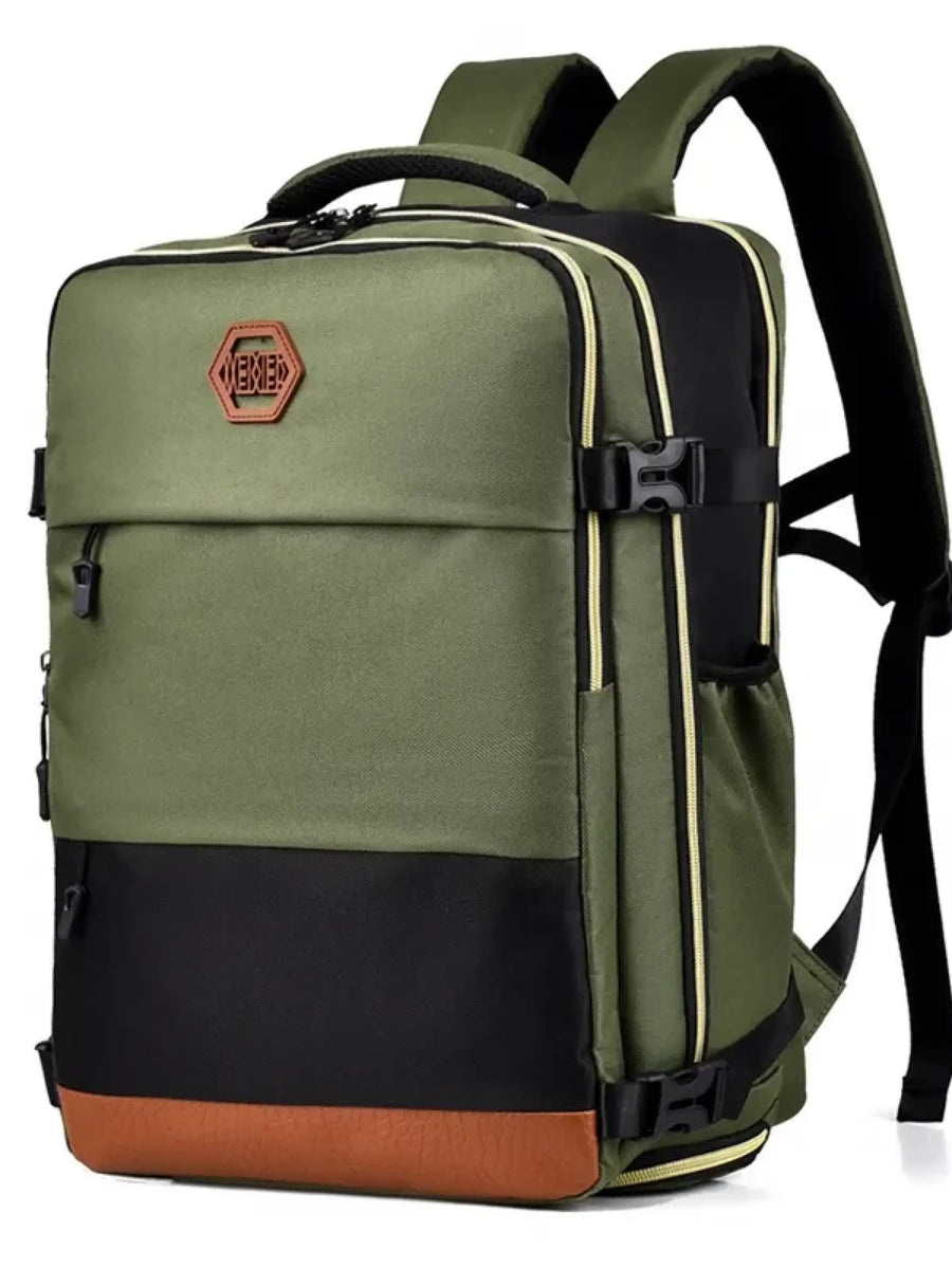 Himawari Carry On Travel Backpack in green with black and brown accents and multiple compartments