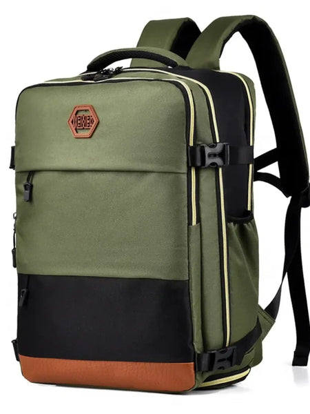 Himawari Carry On Travel Backpack in green with black and brown accents and multiple compartments