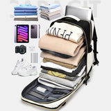 Himawari Carry On Travel Backpack by Babe Beachwaer packed with clothes, laptop, shoes, and gadgets