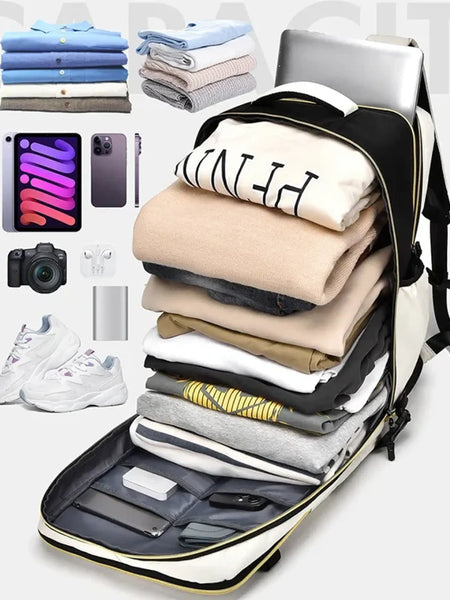 Himawari Carry On Travel Backpack by Babe Beachwaer packed with clothes, laptop, shoes, and gadgets