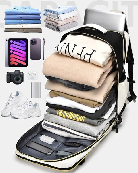 Himawari Carry On Travel Backpack by Babe Beachwaer packed with clothes, laptop, shoes, and gadgets