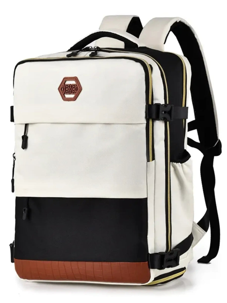 Babe Beachwaer Himawari Carry On Travel Backpack in white black with brown base and multiple compartments