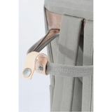 Close-up of himawari durable backpack strap and buckle detail in gray with beige leather accents