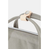 Close-up of Babe Beachwear himawari durable backpack handle and zipper in gray fabric