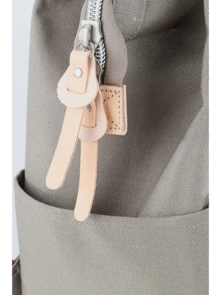 Close-up of zipper and leather pull tabs on Babe Beachwear himawari durable backpack in gray fabric