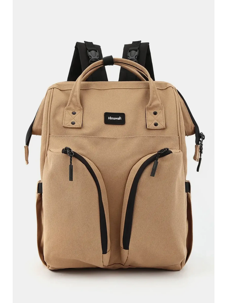 Large capacity waterproof back pack Himawari in tan color with multiple zippered pockets and padded straps