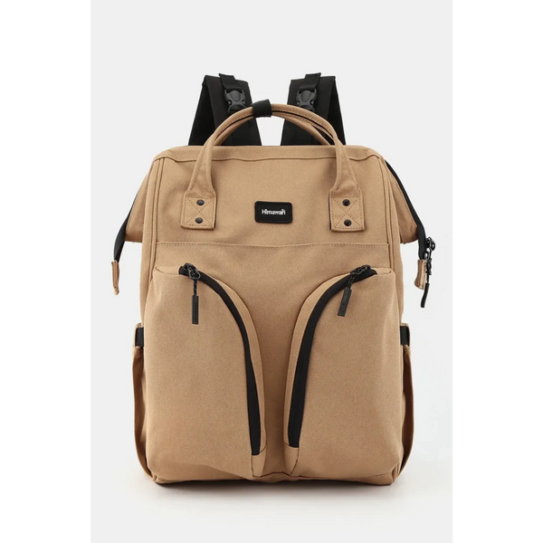 Large capacity waterproof back pack Himawari in tan color with multiple zippered pockets and padded straps