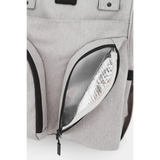 Close-up of beige large capacity waterproof back pack Himawari by Babe Beachwaer showing insulated zippered pocket