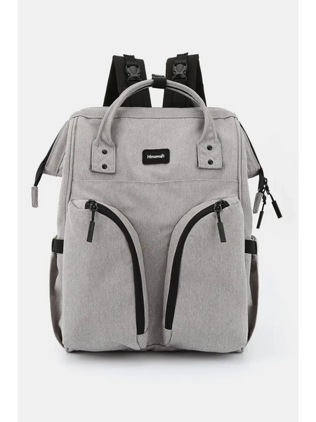 Large capacity waterproof back pack Himawari in light gray with multiple zippered pockets and black adjustable straps