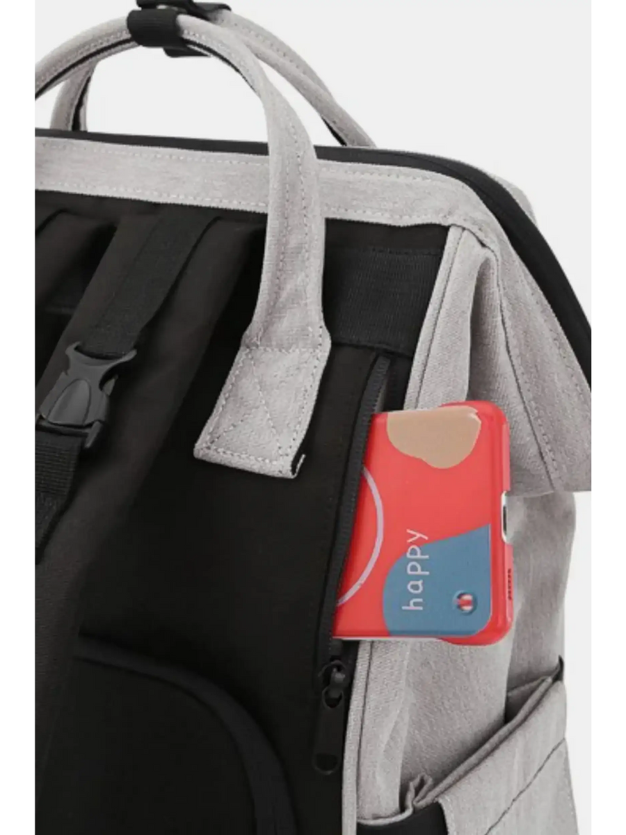 Large capacity waterproof back pack Himawari by Babe Beachwaer in black and gray with a front pocket holding a red item