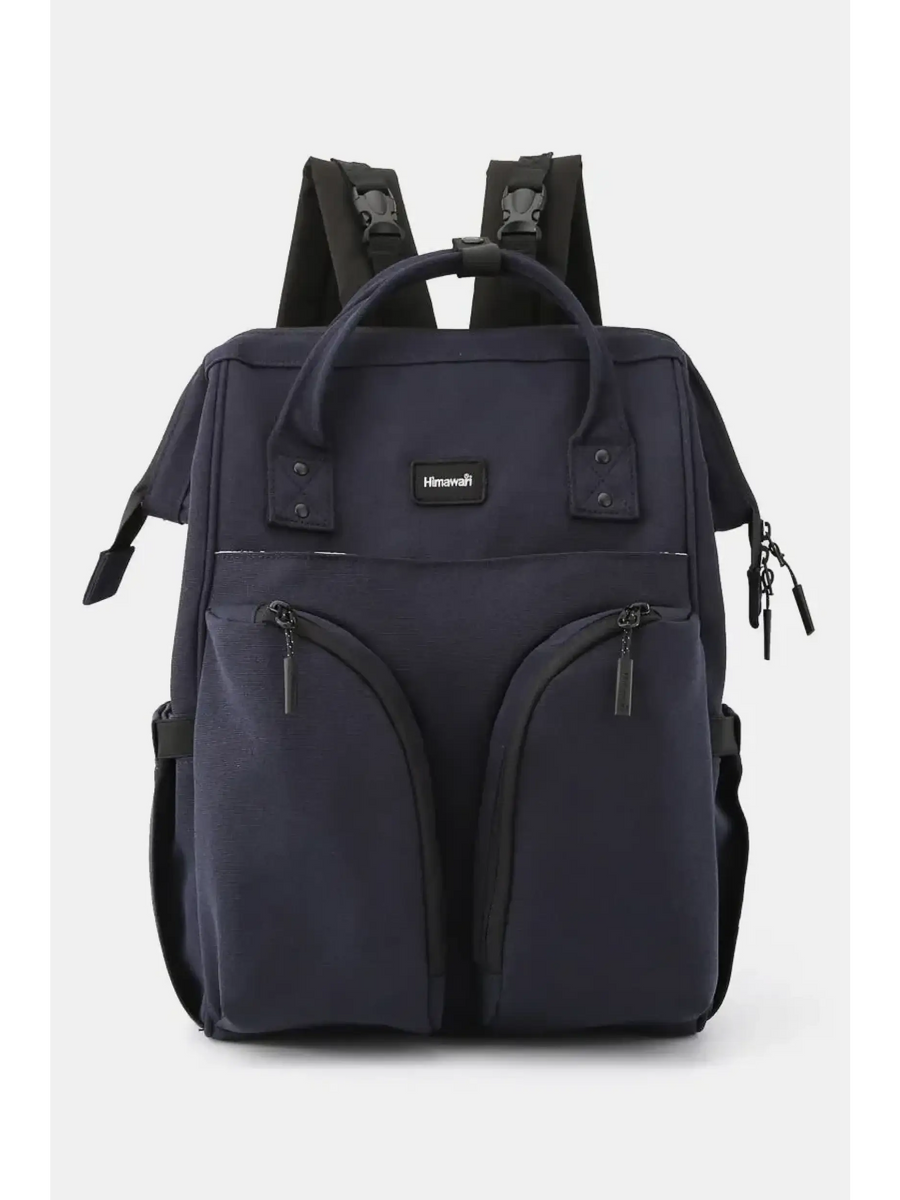 Large capacity waterproof back pack Himawari in navy blue with multiple front pockets and top handle