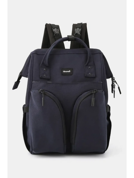 Large capacity waterproof back pack Himawari in navy blue with multiple front pockets and top handle