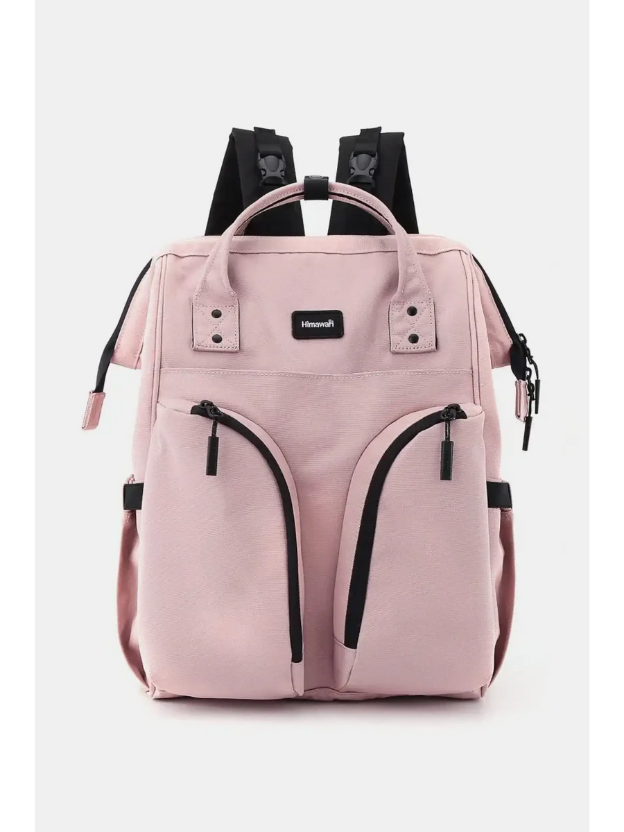Large capacity waterproof back pack Himawari in soft pink with multiple zippered pockets and black straps