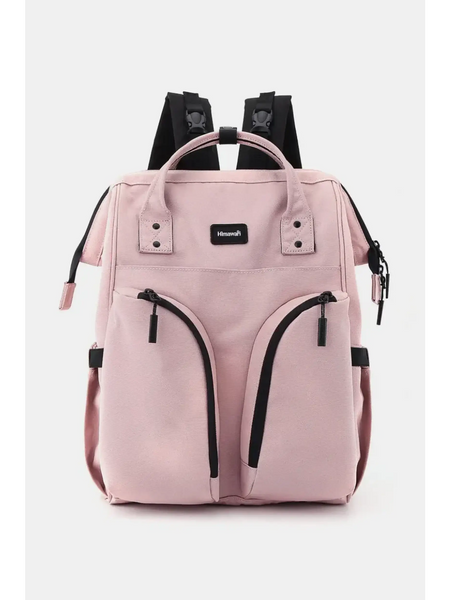 Large capacity waterproof back pack Himawari in soft pink with multiple zippered pockets and black straps