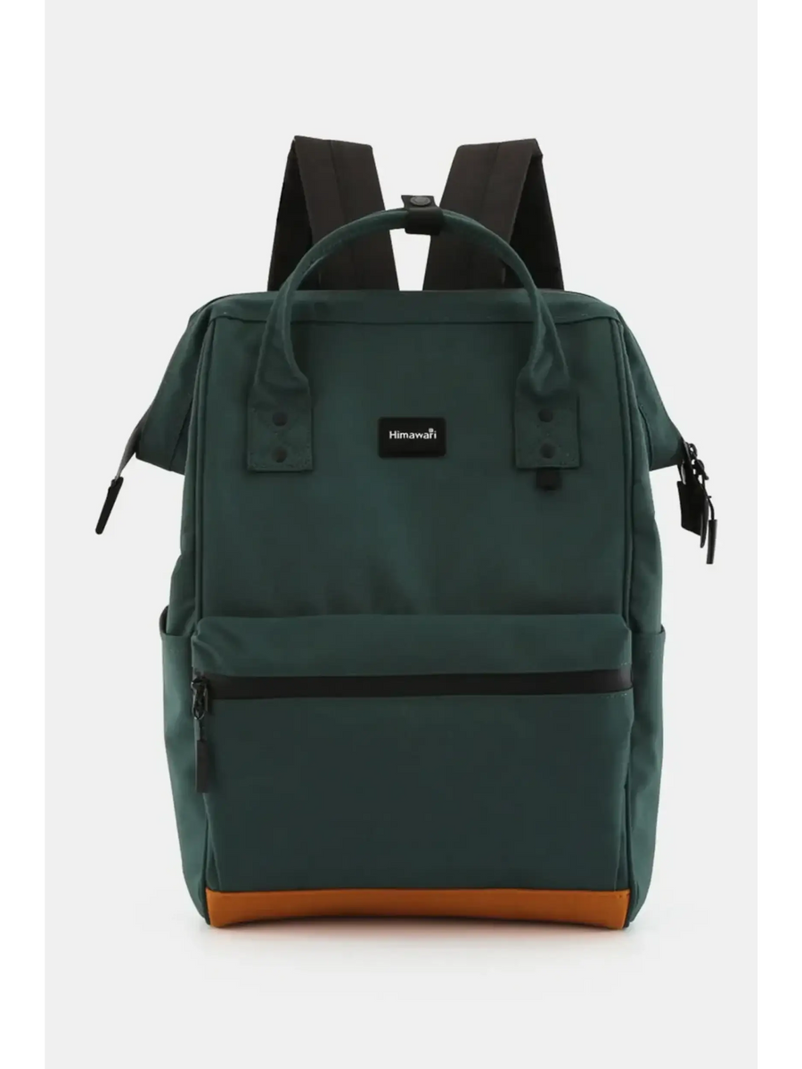 Himawari Lightweight Backpack in dark green with front zipper pocket and brown base by Babe Beachwear