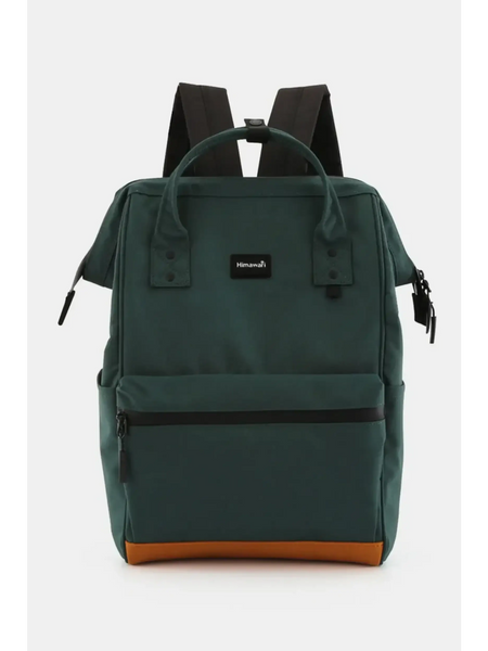 Himawari Lightweight Backpack in dark green with front zipper pocket and brown base by Babe Beachwear