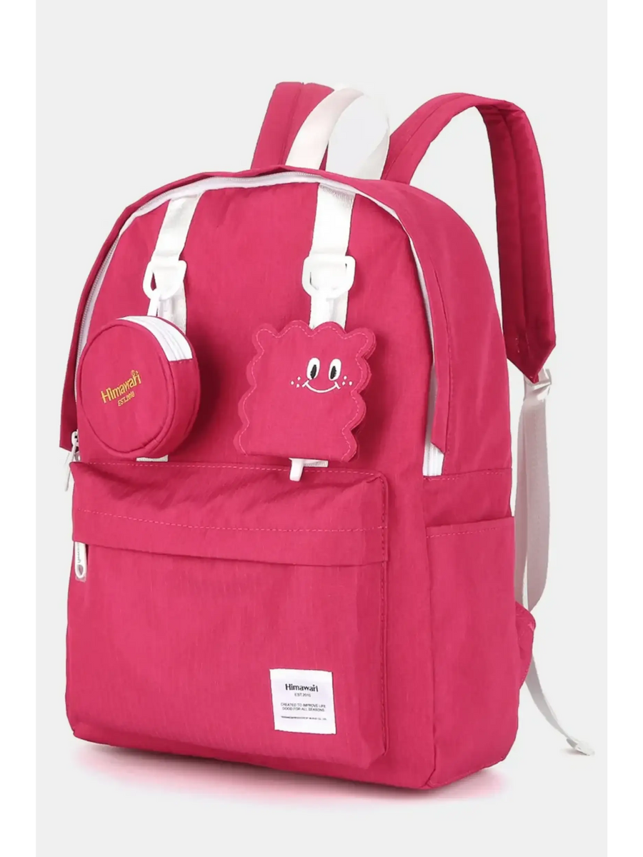 Pink Babe Beachwear medium beach backpack for school or travel with white straps and cute accessories