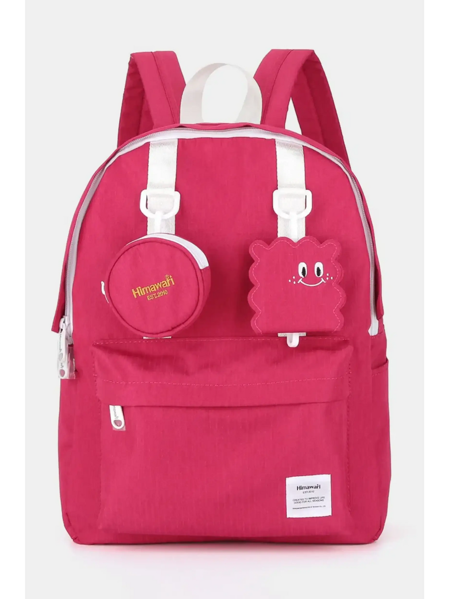 Pink medium beach backpack for school or travel with white straps and front cartoon accessories