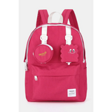 Pink medium beach backpack for school or travel with white straps and front cartoon accessories