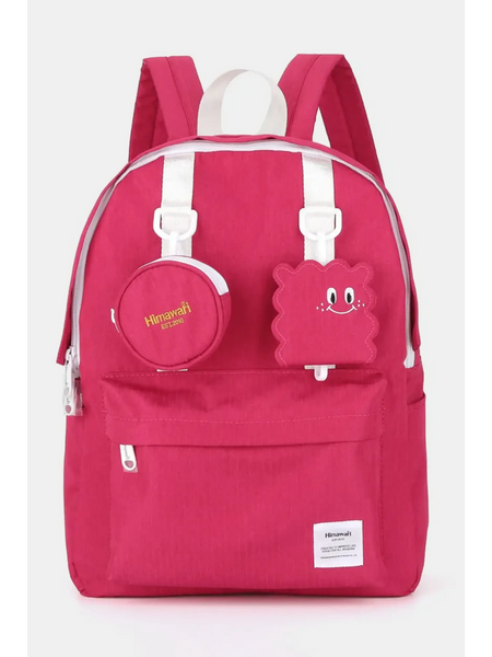 Pink medium beach backpack for school or travel with white straps and front cartoon accessories