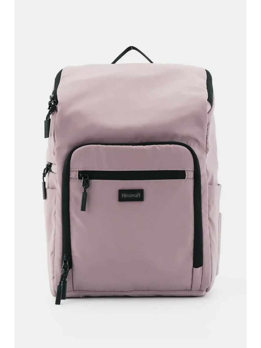 Himawari Nylon Top-Open Backpack in soft pink with black zipper details and front pocket