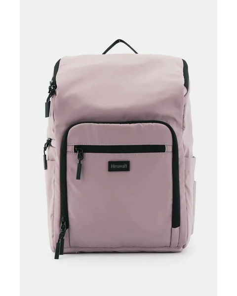 Himawari Nylon Top-Open Backpack in soft pink with black zipper details and front pocket