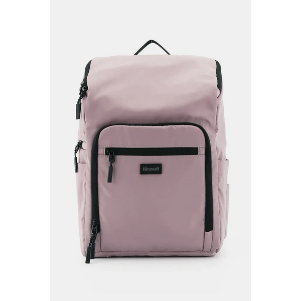 Himawari Nylon Top-Open Backpack in soft pink with black zipper details and front pocket