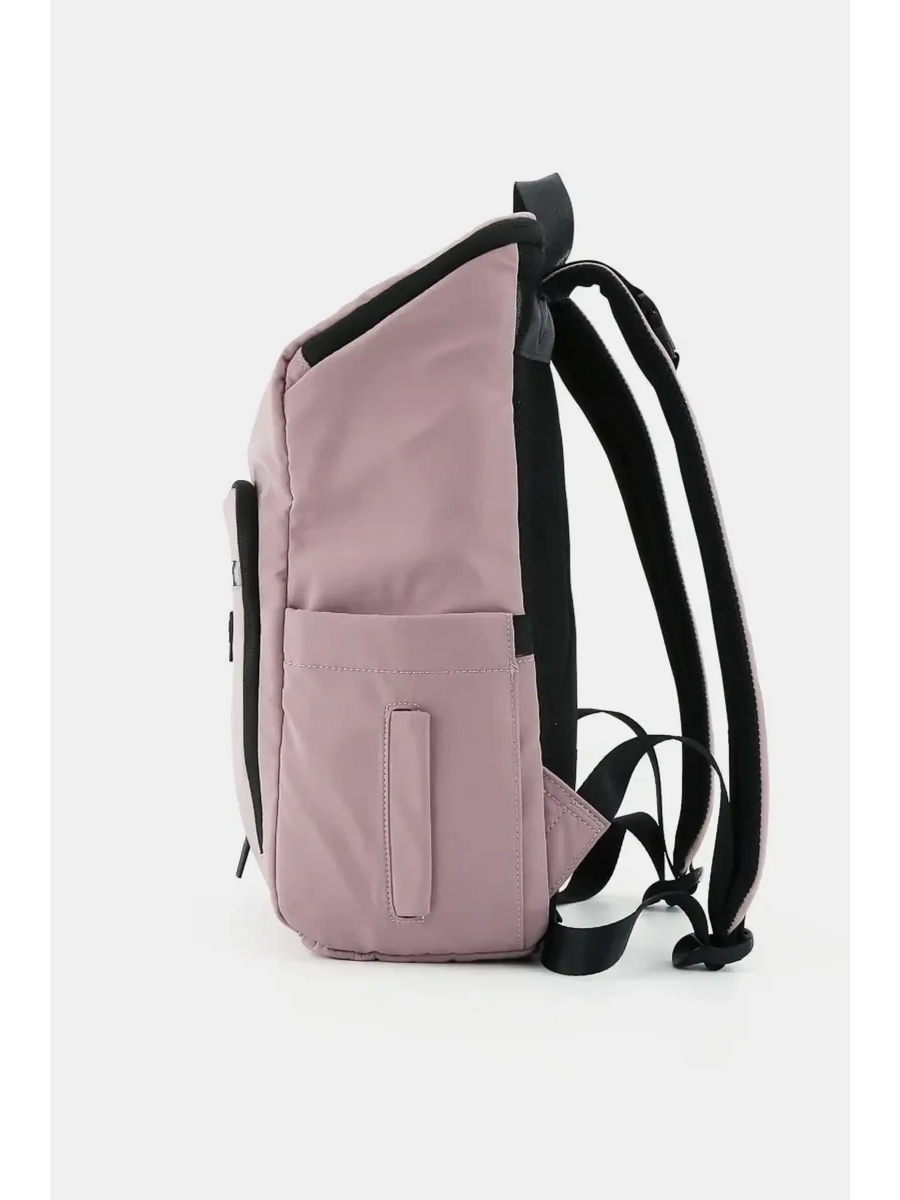 Side view of Babe Beachwear Himawari Nylon Top-Open Backpack in dusty pink with black straps