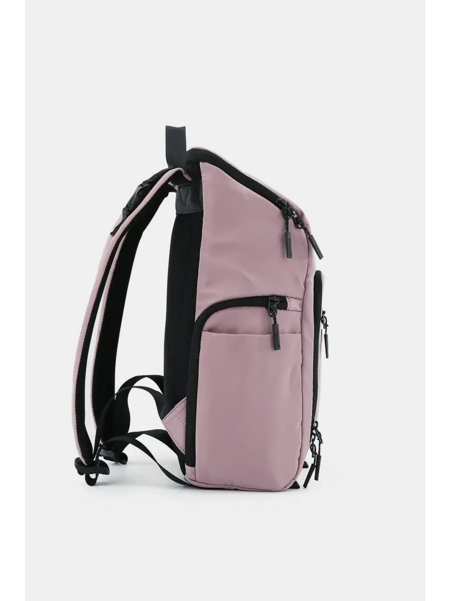 Babe Beachwear Himawari Nylon Top-Open Backpack in pink with black accents and multiple zippered pockets