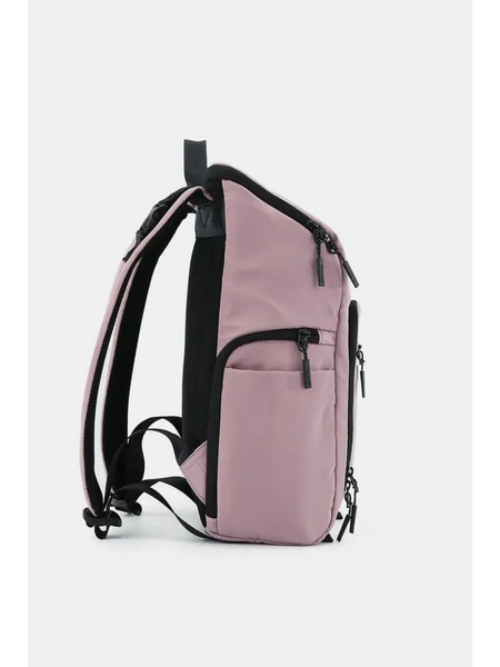 Babe Beachwear Himawari Nylon Top-Open Backpack in pink with black accents and multiple zippered pockets