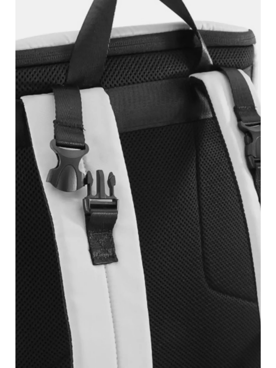 Close-up of back straps and padding on Babe Beachwear Himawari Nylon Top-Open Backpack in black and white