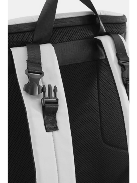 Close-up of back straps and padding on Babe Beachwear Himawari Nylon Top-Open Backpack in black and white