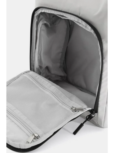 Interior view of Himawari Nylon Top-Open Backpack showing zippered mesh compartments and spacious storage
