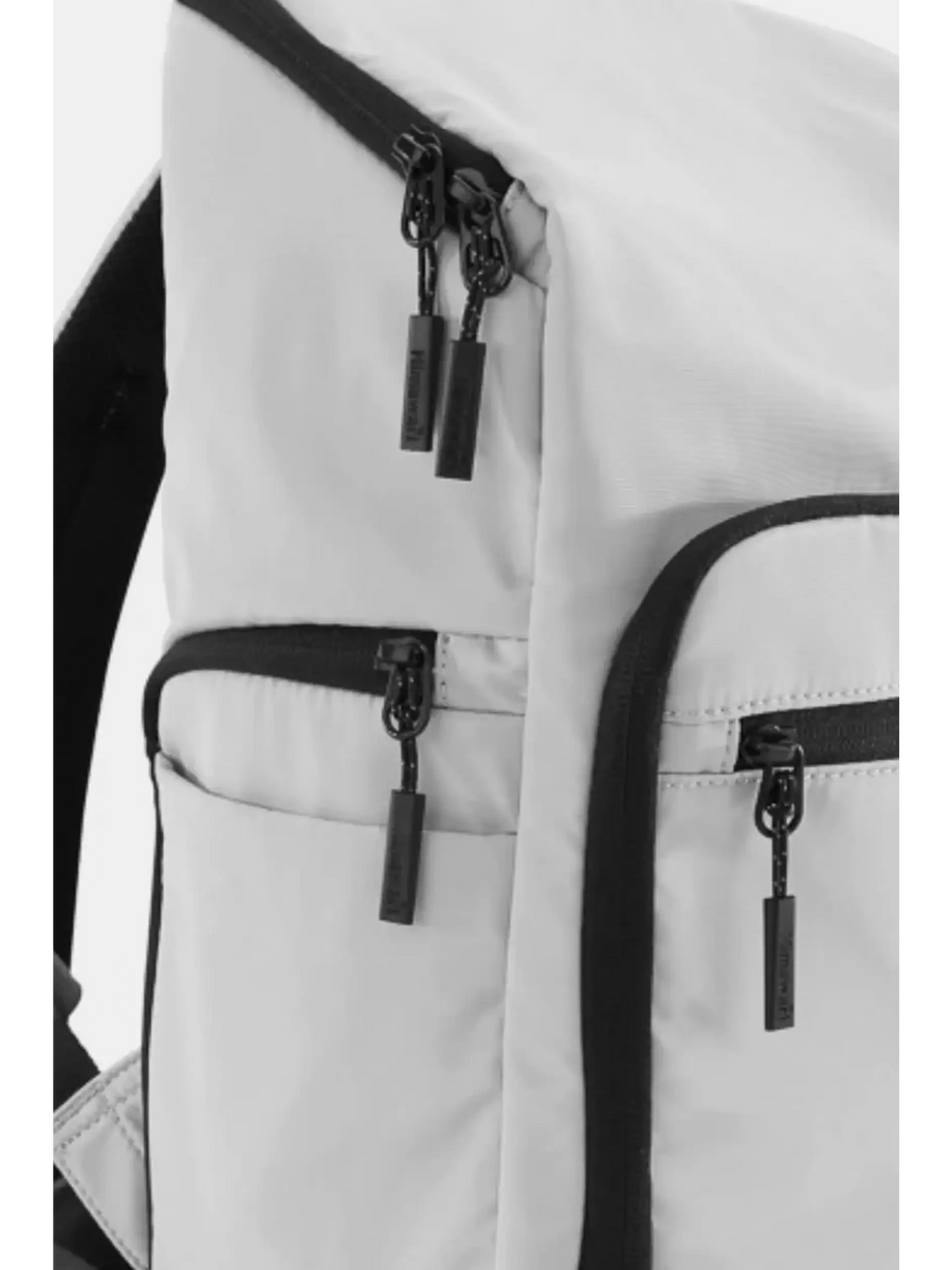 Close-up view of white Himawari Nylon Top-Open Backpack with black zippers and multiple compartments
