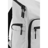 Close-up view of white Himawari Nylon Top-Open Backpack with black zippers and multiple compartments