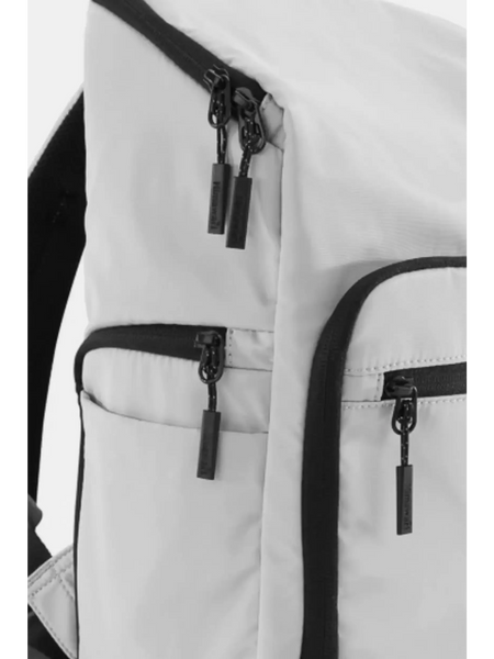 Close-up view of white Himawari Nylon Top-Open Backpack with black zippers and multiple compartments