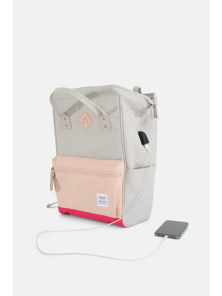 Himawari stylish summer backpack for women in beige with pink front pocket and USB charging port