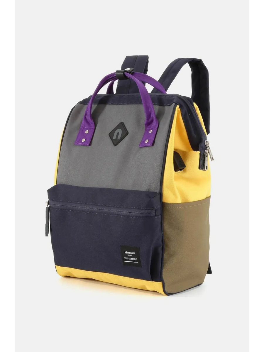 Himawari stylish summer backpack for women in yellow gray and navy with purple handles
