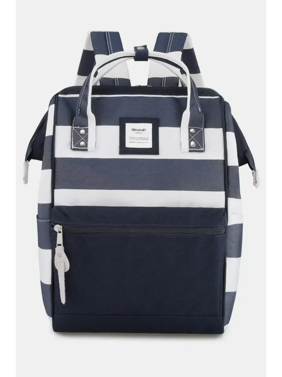 Himwari Large waterproof backpack in navy blue and white stripes with front zipper pocket and top handles