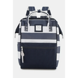 Himwari Large waterproof backpack in navy blue and white stripes with front zipper pocket and top handles