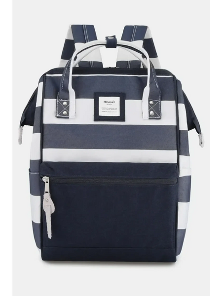 Himwari Large waterproof backpack in navy blue and white stripes with front zipper pocket and top handles