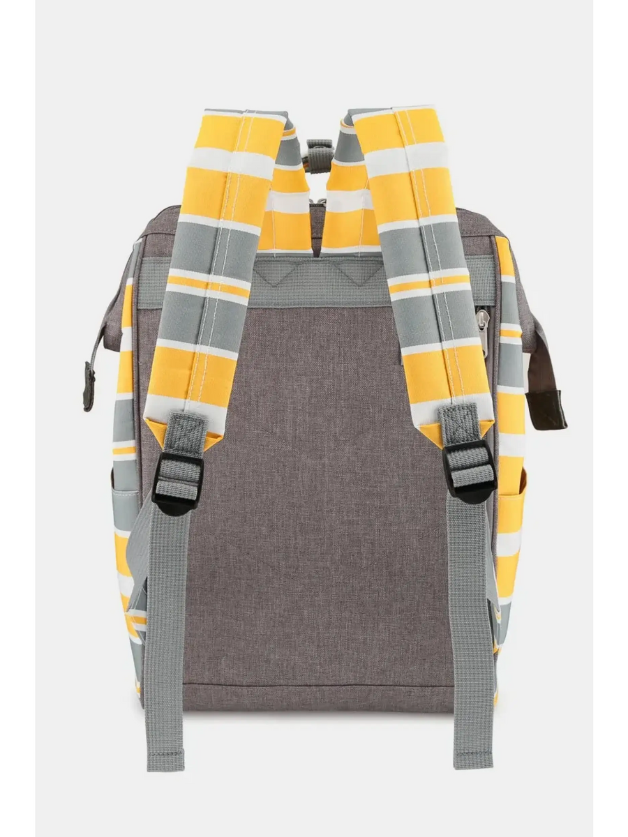Himwari Large waterproof backpack by Babe Beachwear with yellow and gray striped padded shoulder straps