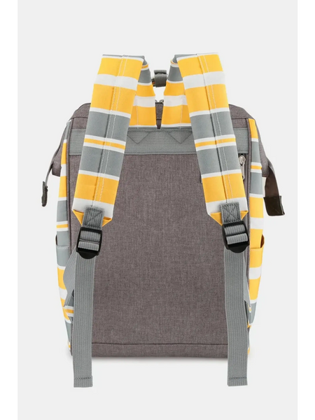 Himwari Large waterproof backpack by Babe Beachwear with yellow and gray striped padded shoulder straps